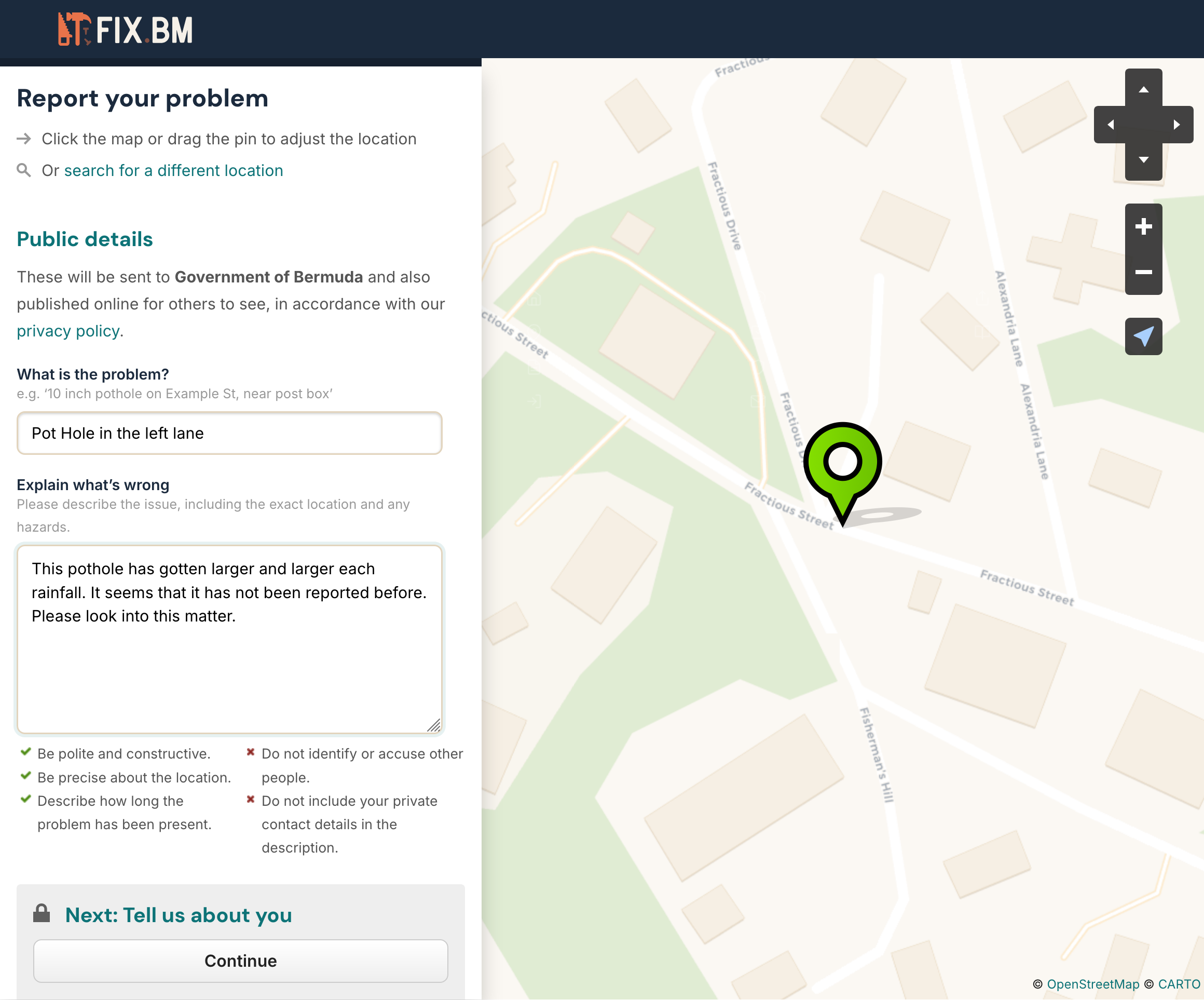 Report form filled in with subject 'Pot Hole in the left lane' and a detailed description